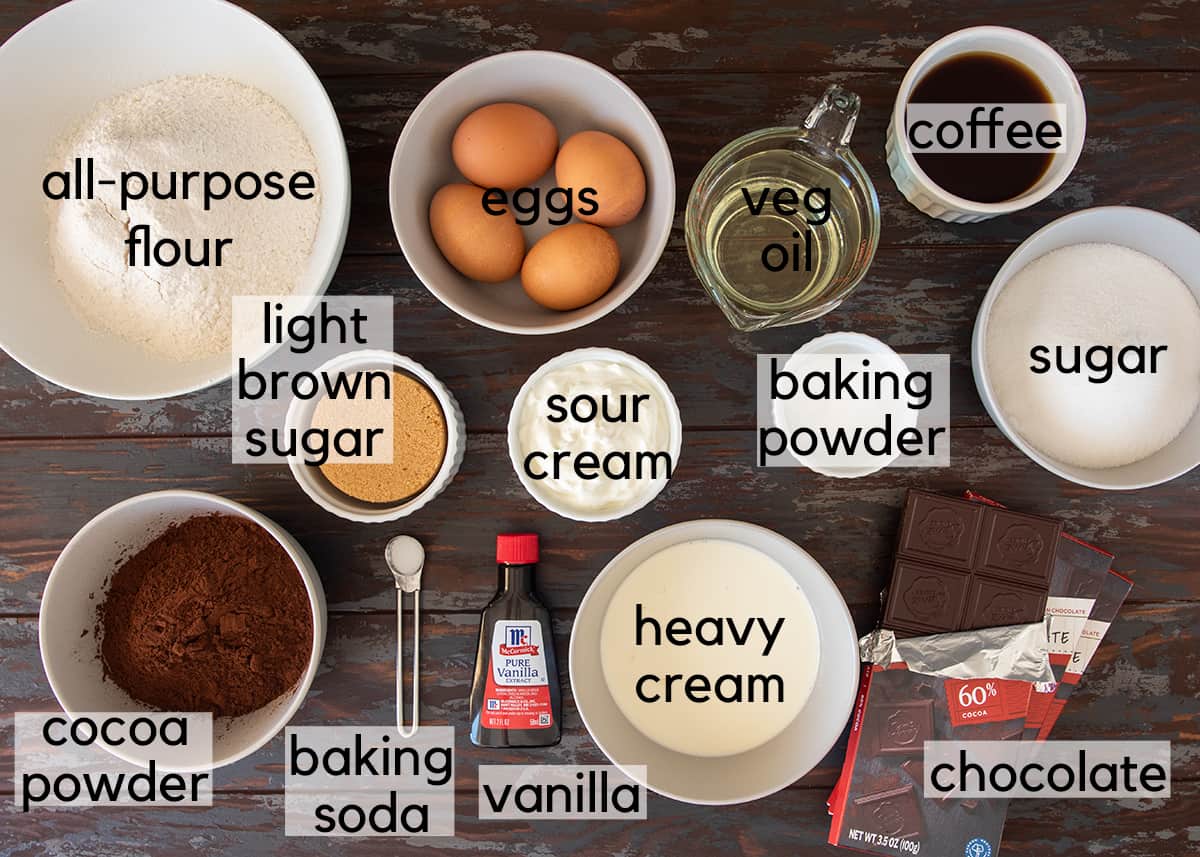 Dark chocolate cake ingredients on a table with text labels.