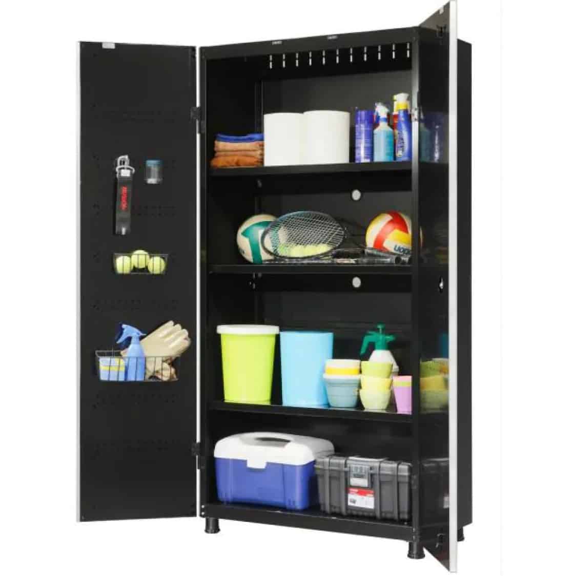 Large black metal cabinet with the doors open to show supplies and cleaners being stored.
