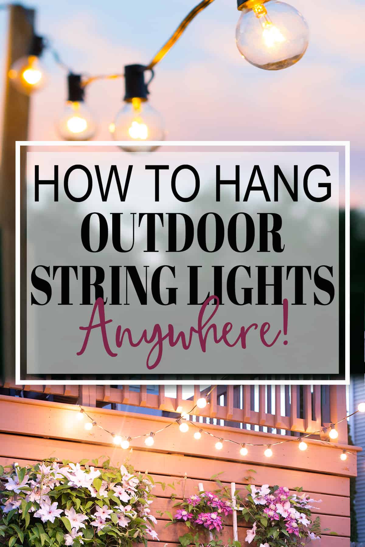 Ideas for how to hang string lights with post title text overlay.