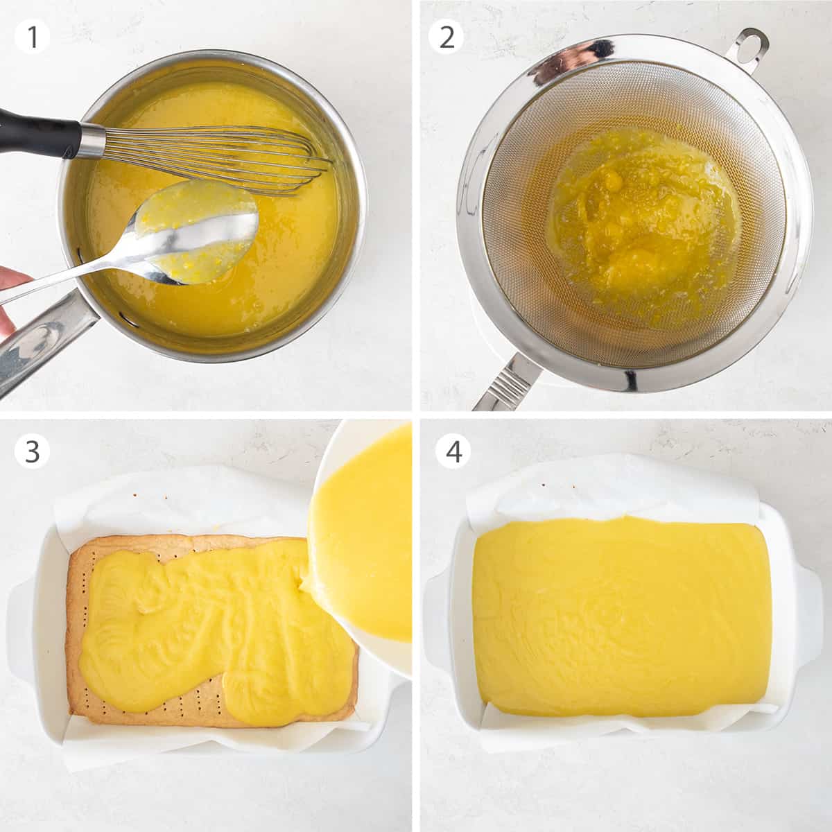 Steps to making lemon curd including cooking, straining, and pouring the topping over a baked crust.