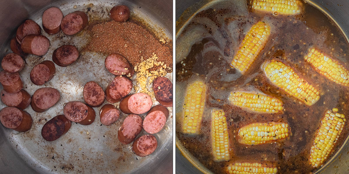 Steps to make a crawfish boil with corn and potatoes simmering in a large pot.
