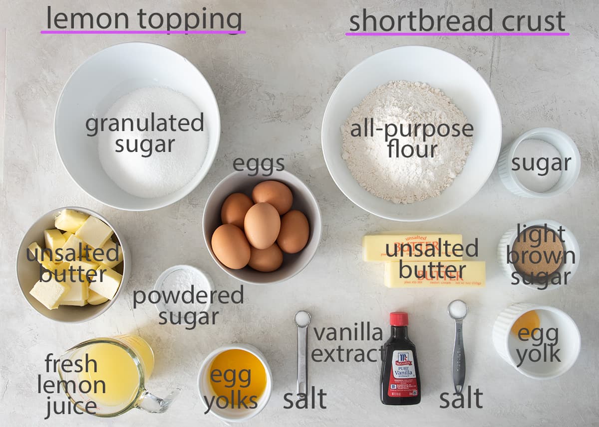 Ingredients laid out for lemon curd filling and for shortbread crust.