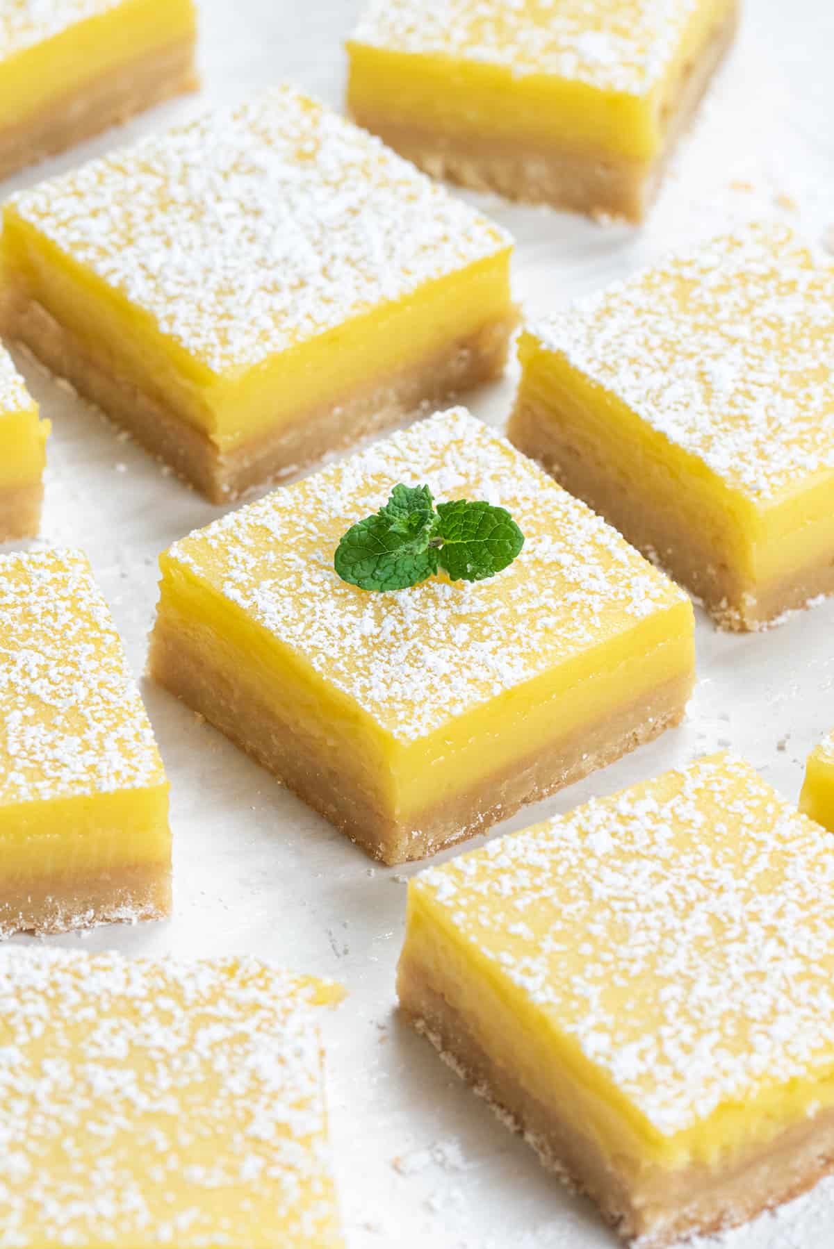 Lemon bars laid out on a white background with powdered sugar topping.