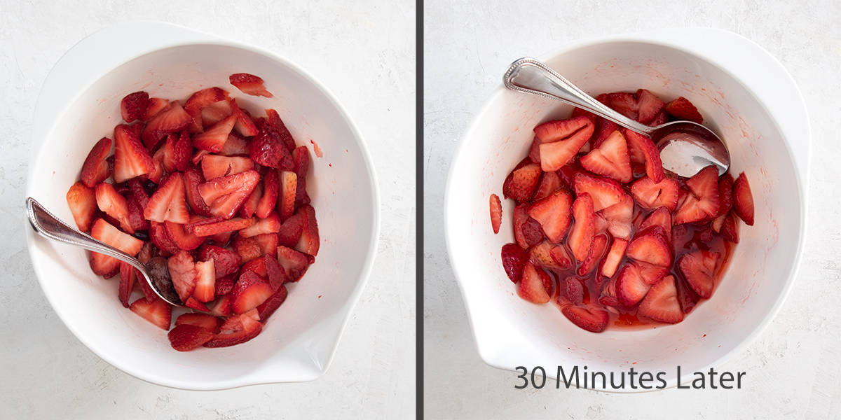 Collage of how to make strawberry sauce with fresh strawberries.
