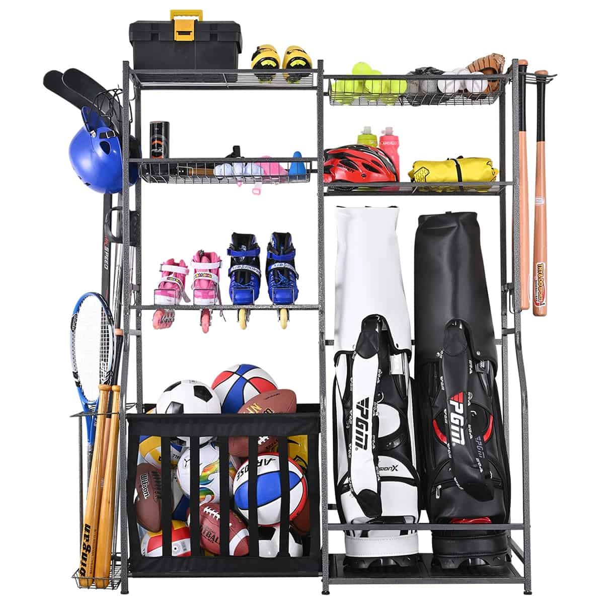 Large sports equipment and ball storage rack that sits against the wall.
