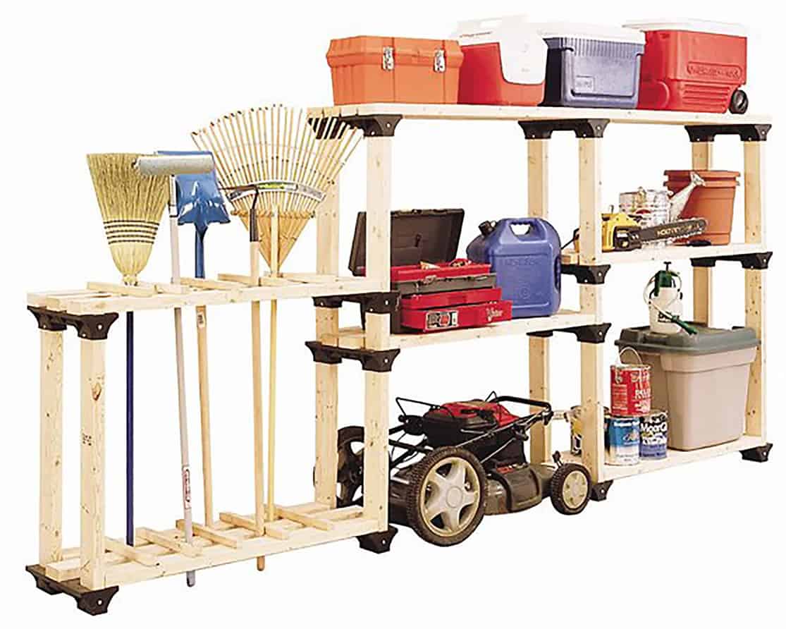 A custom DIY shelving system for the garage to store everything from yard tools to bins in a multi-platform format.