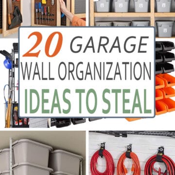 Collage of garage wall storage ideas including hanging cords, bins on shelves, and a pegboard.