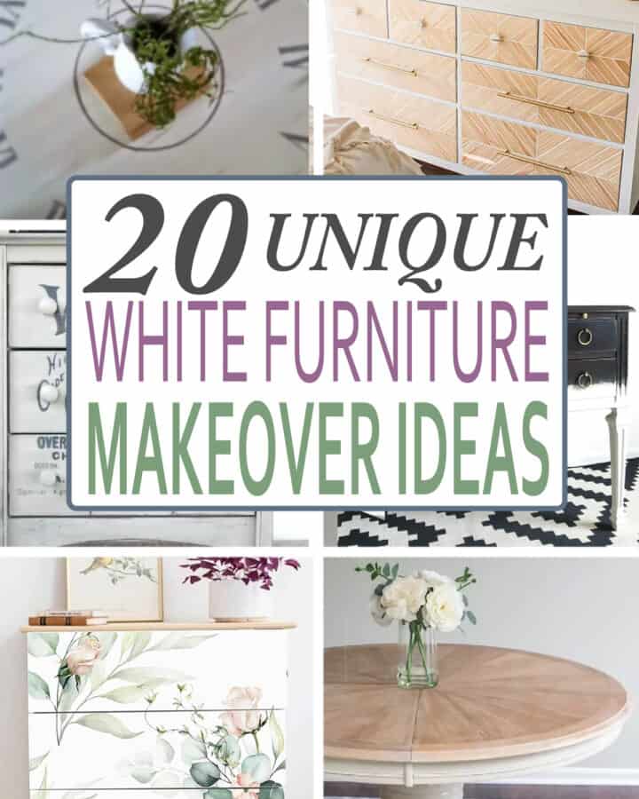Collage of white painted furniture including tables, dressers, and beds.