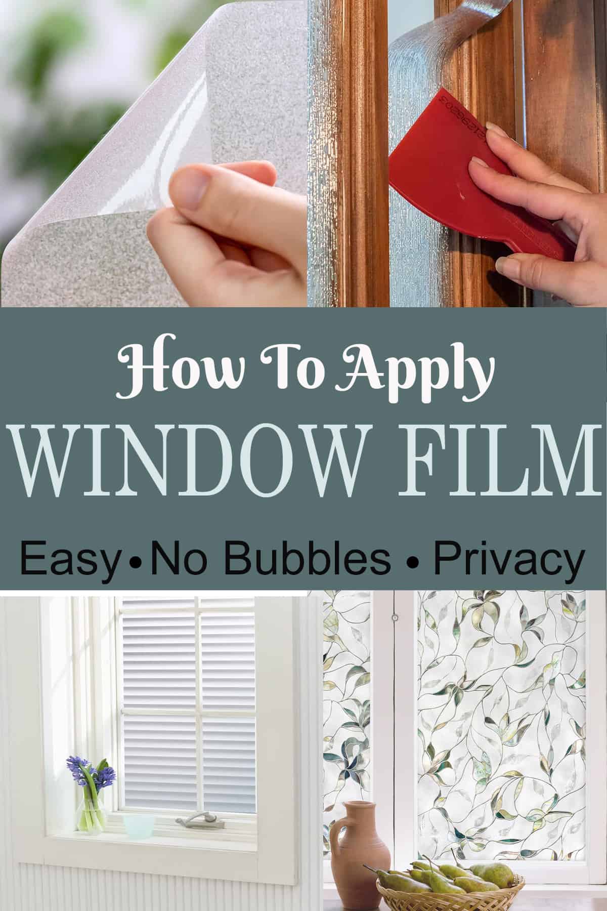 Collage of steps to applying window film.