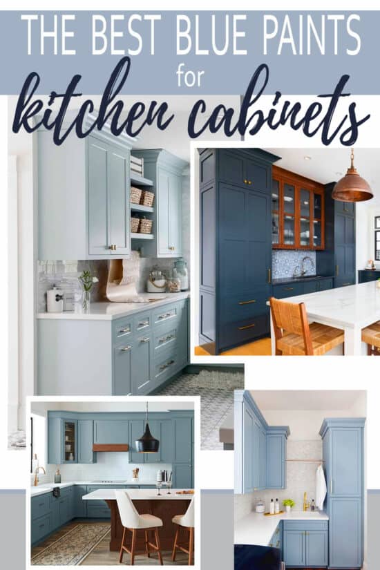 Cabinets in kitchens and laundry rooms with blue kitchen cabinets painted in navy, light blue, and smokey blue.