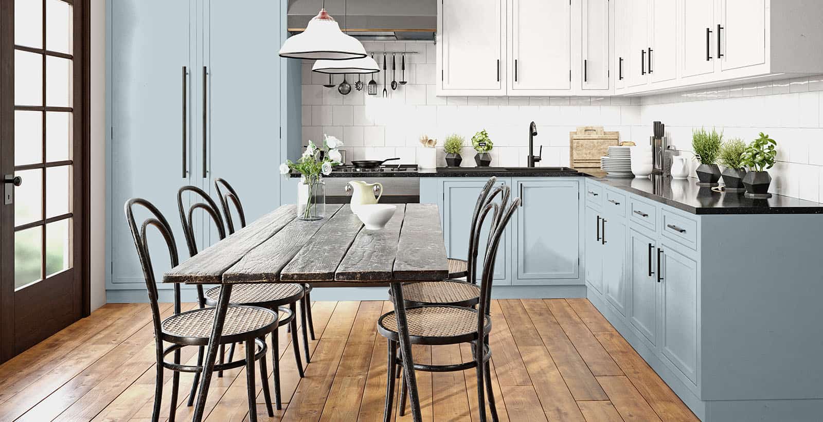 Eclectic kitchen with two toned cabinets features Behr Half Sea Fog cabinets on bottom, white tile backsplash and white cabinets on top. 