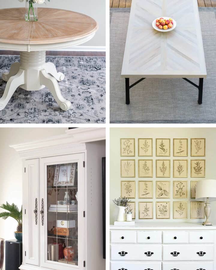 Collage of white painted furniture including tables, dressers, and beds.