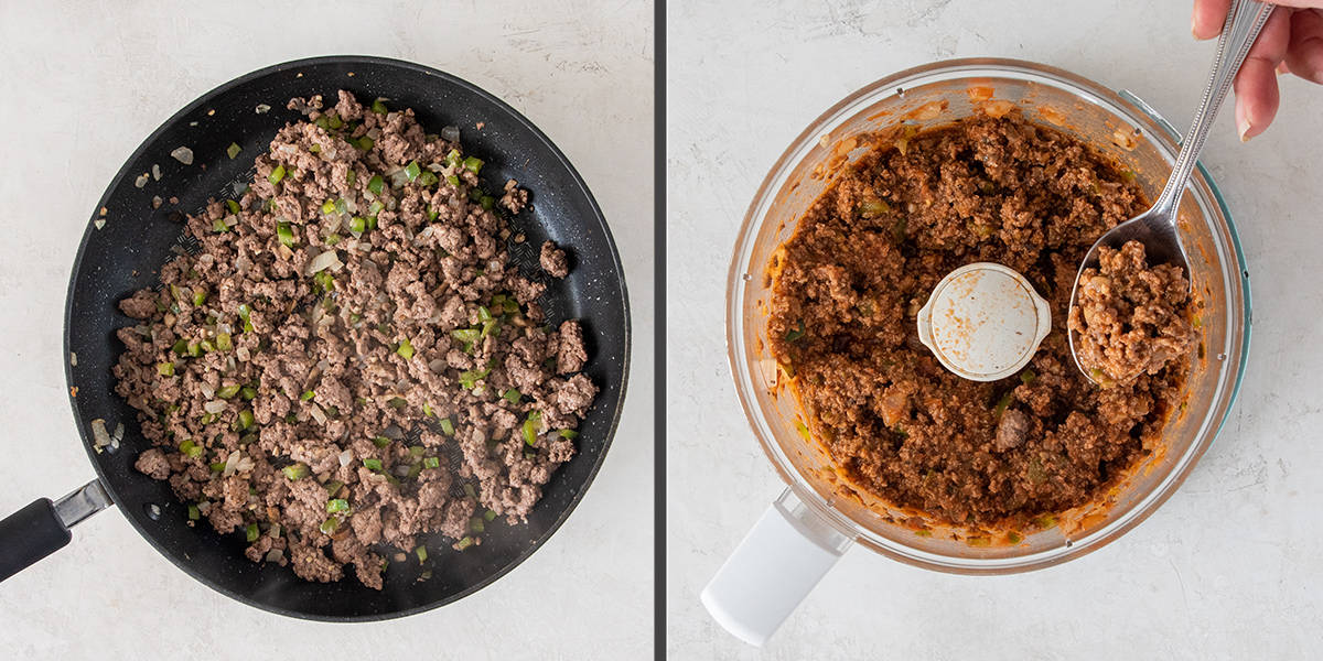 Ground beef filling in a pan and a food processor with italian beef to show texture.