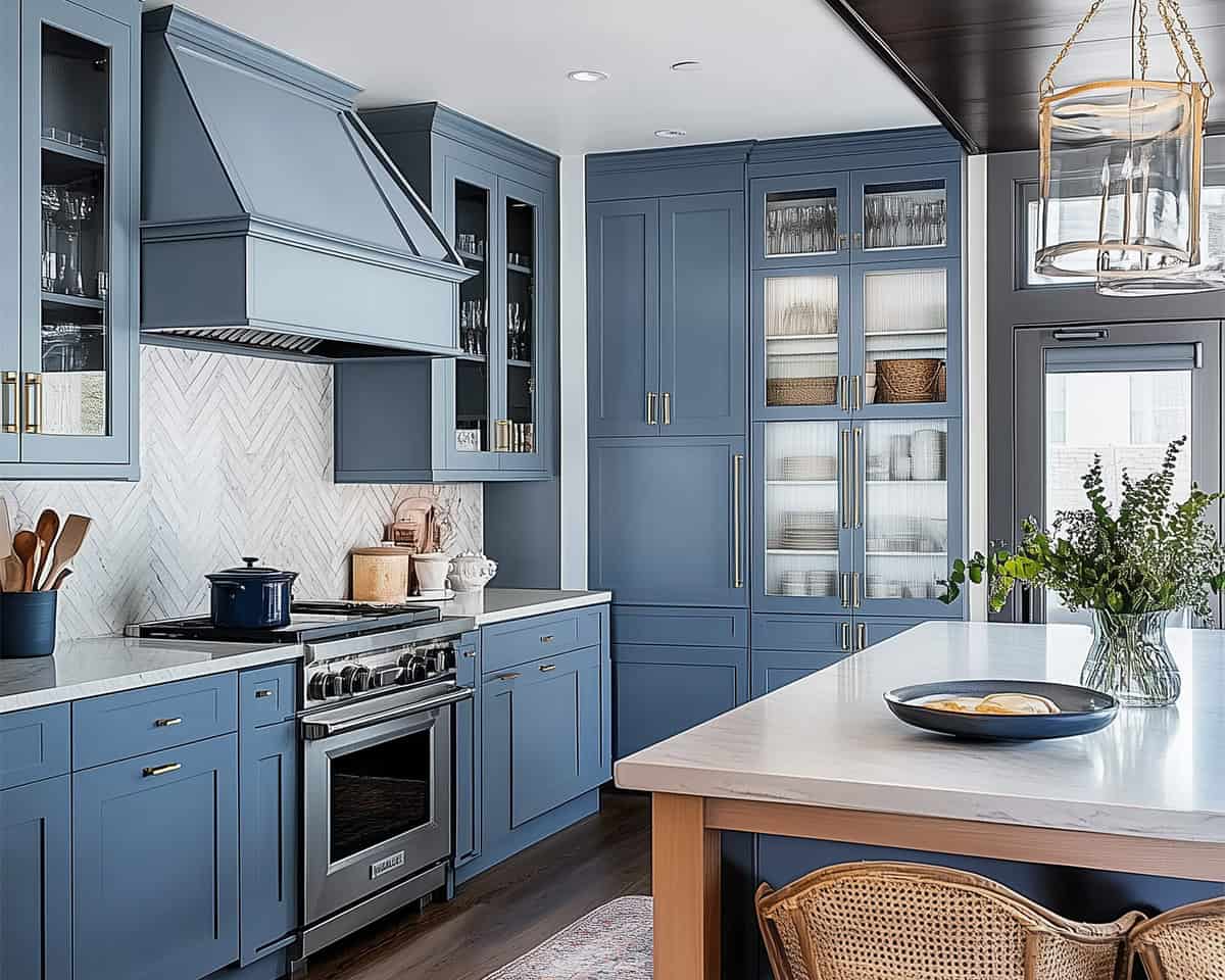 Benjamin Moore Normandy Blue kitchen cabinets with glass doors. Patterned tile mosaic backsplash and white countertops, dark wood floors and chrome accents complete the look.
