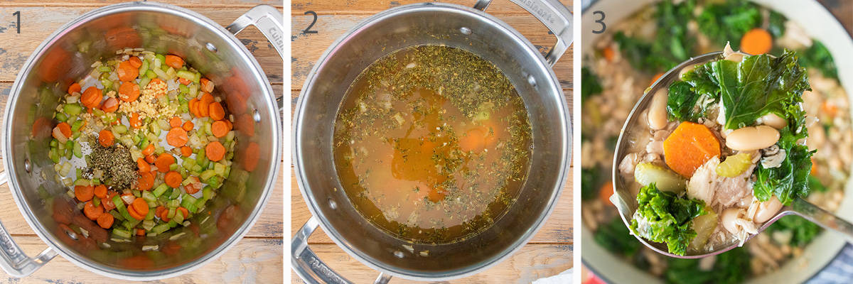 Steps to making chicken kale soup including making the base, how much chicken broth, and a spoon showing the texture of the cooked vegetables.