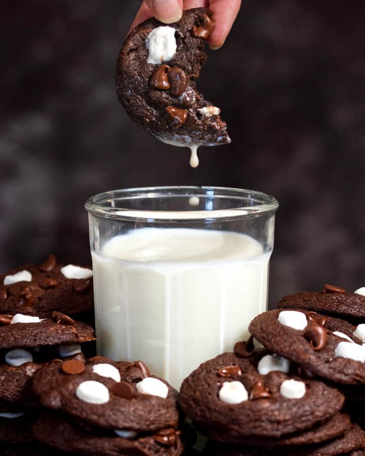 Closeup of a hand dipping a chocolate cookie in a glass of milk and raising with a drip of milk below the cookie.