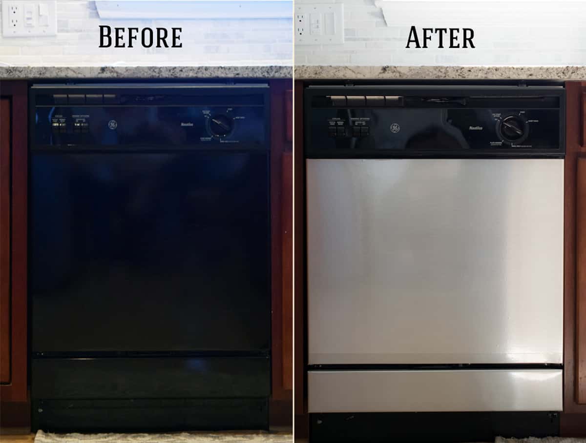 Dishwasher before and after with stainless steel contact paper.