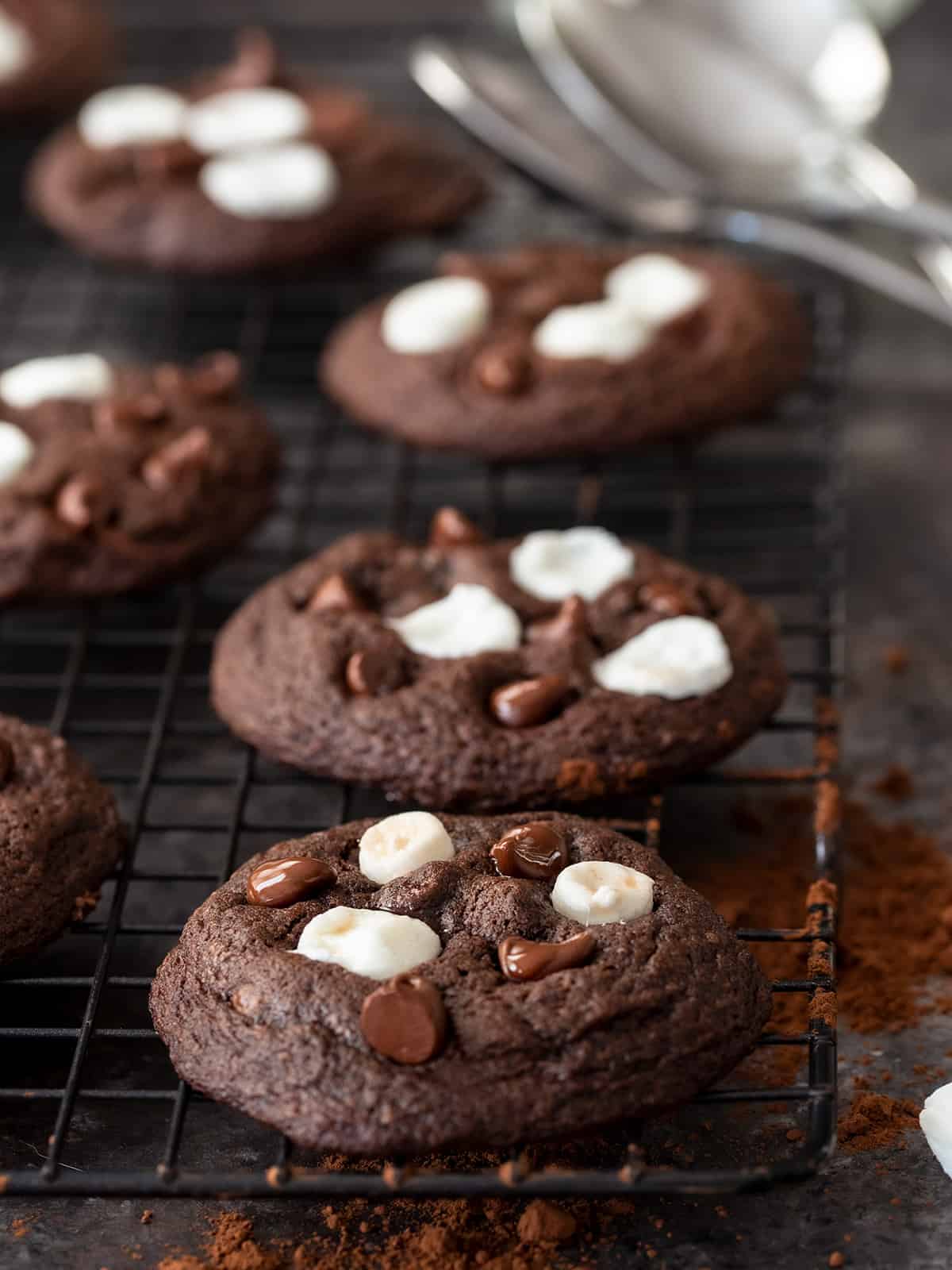 Hot Chocolate Cookies with marshmallows on cookie sheet.