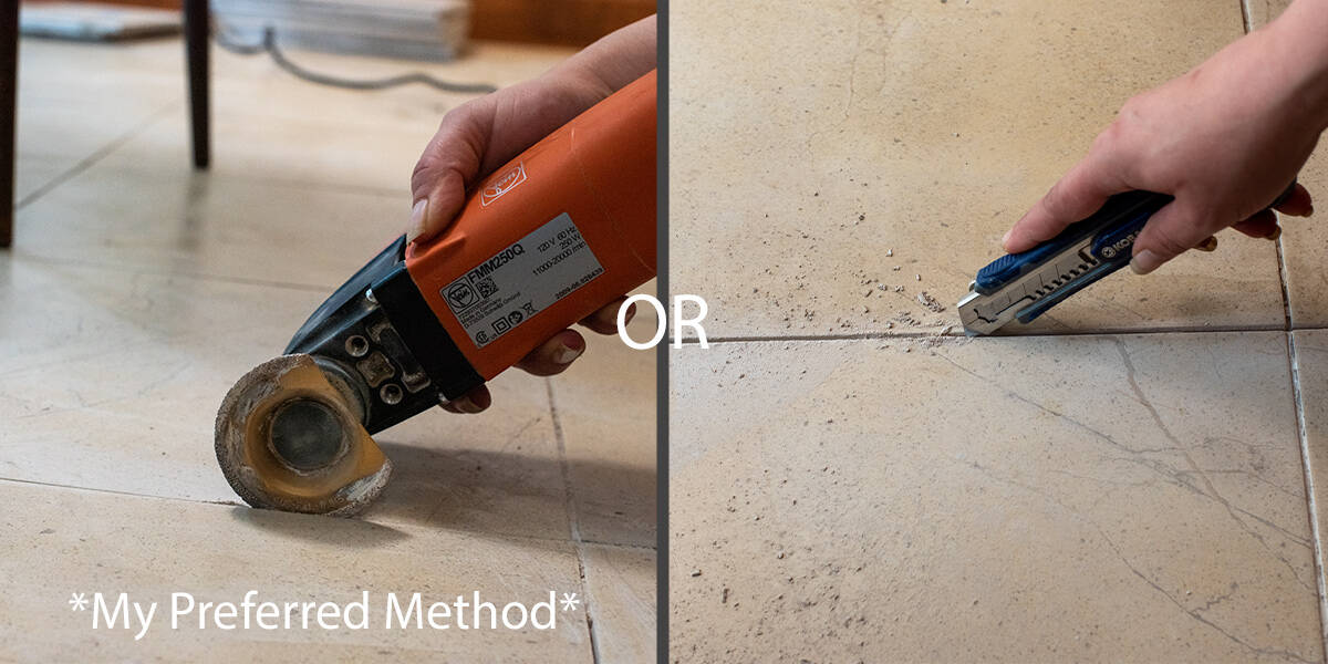 Two methods to remove grout from between tiles including using an oscillating multi-tool and a razor blade box cutter.