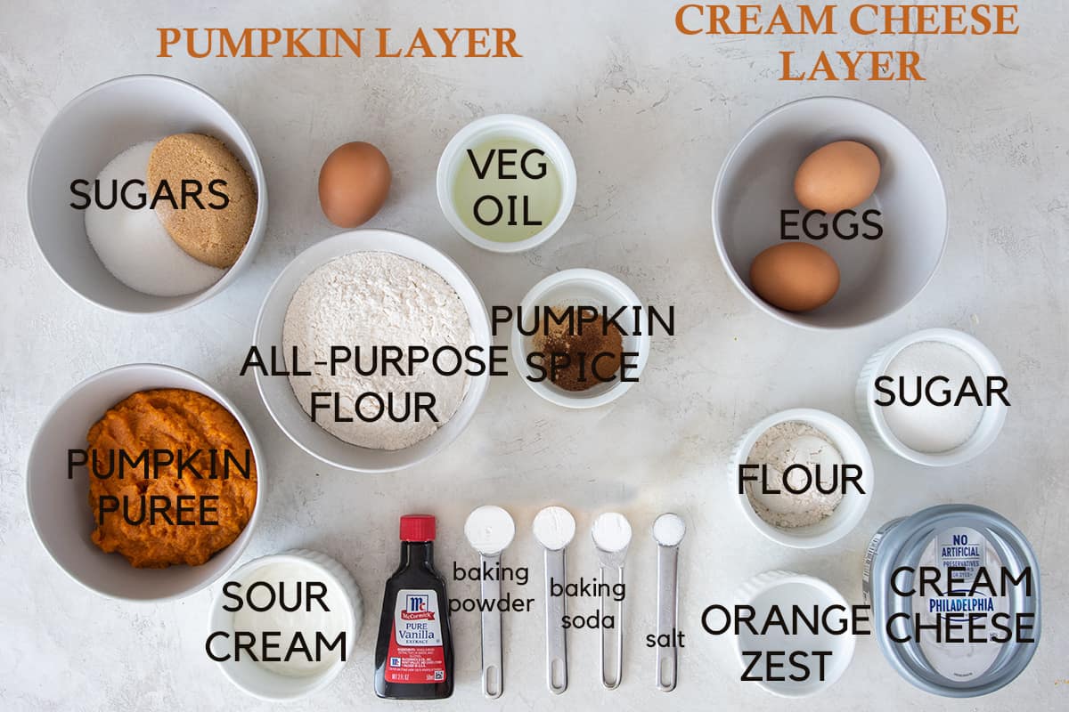 Ingredients for pumpkin cream cheese bread with text labels.