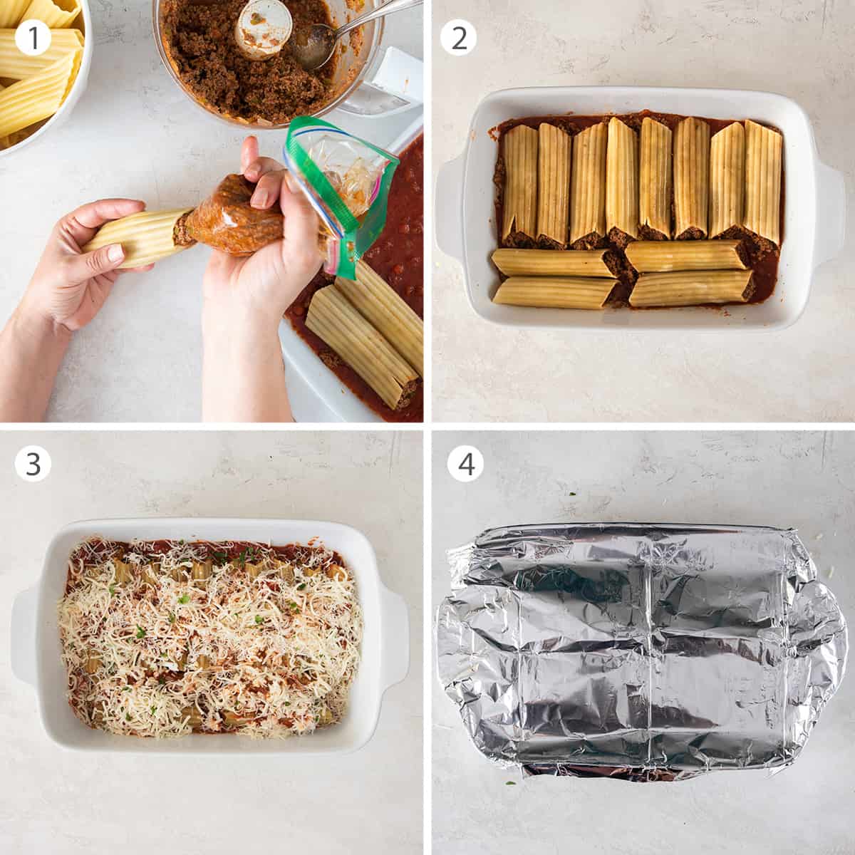 Collage of steps showing how to stuff and layer manicotti pasta dish.
