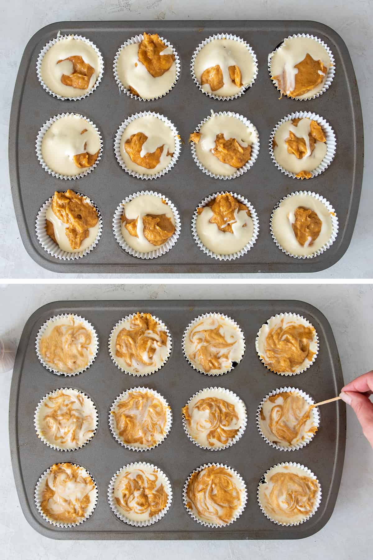 Two pans of pumpkin cheesecake muffins before and after swirling to create a marble effect.