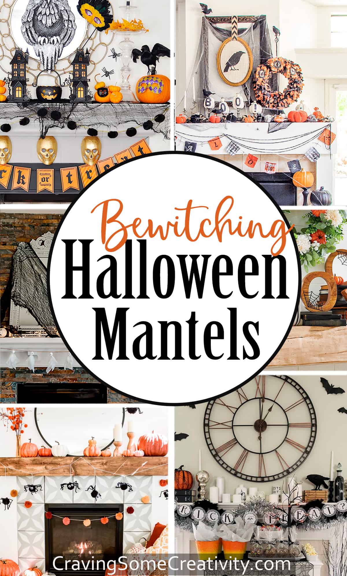 Collage of Halloween mantel decor designs with post title.