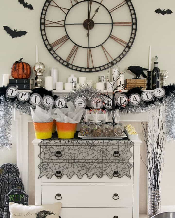 Collage of Halloween mantel decor designs with post title.