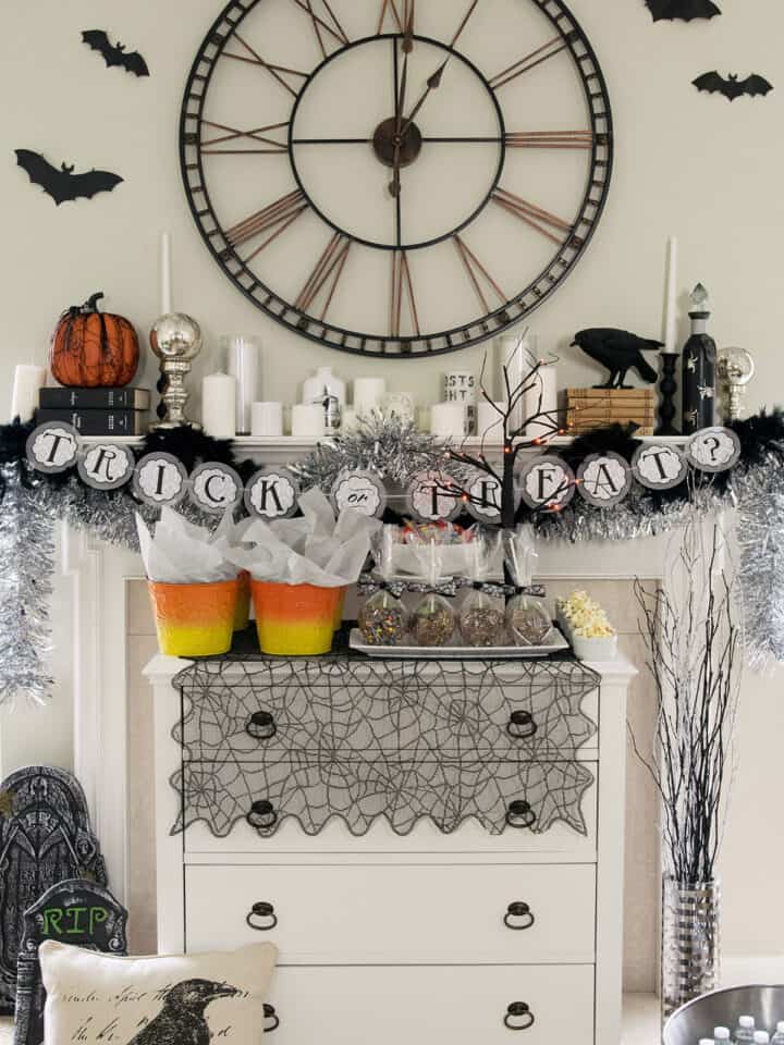 Collage of Halloween mantel decor designs with post title.