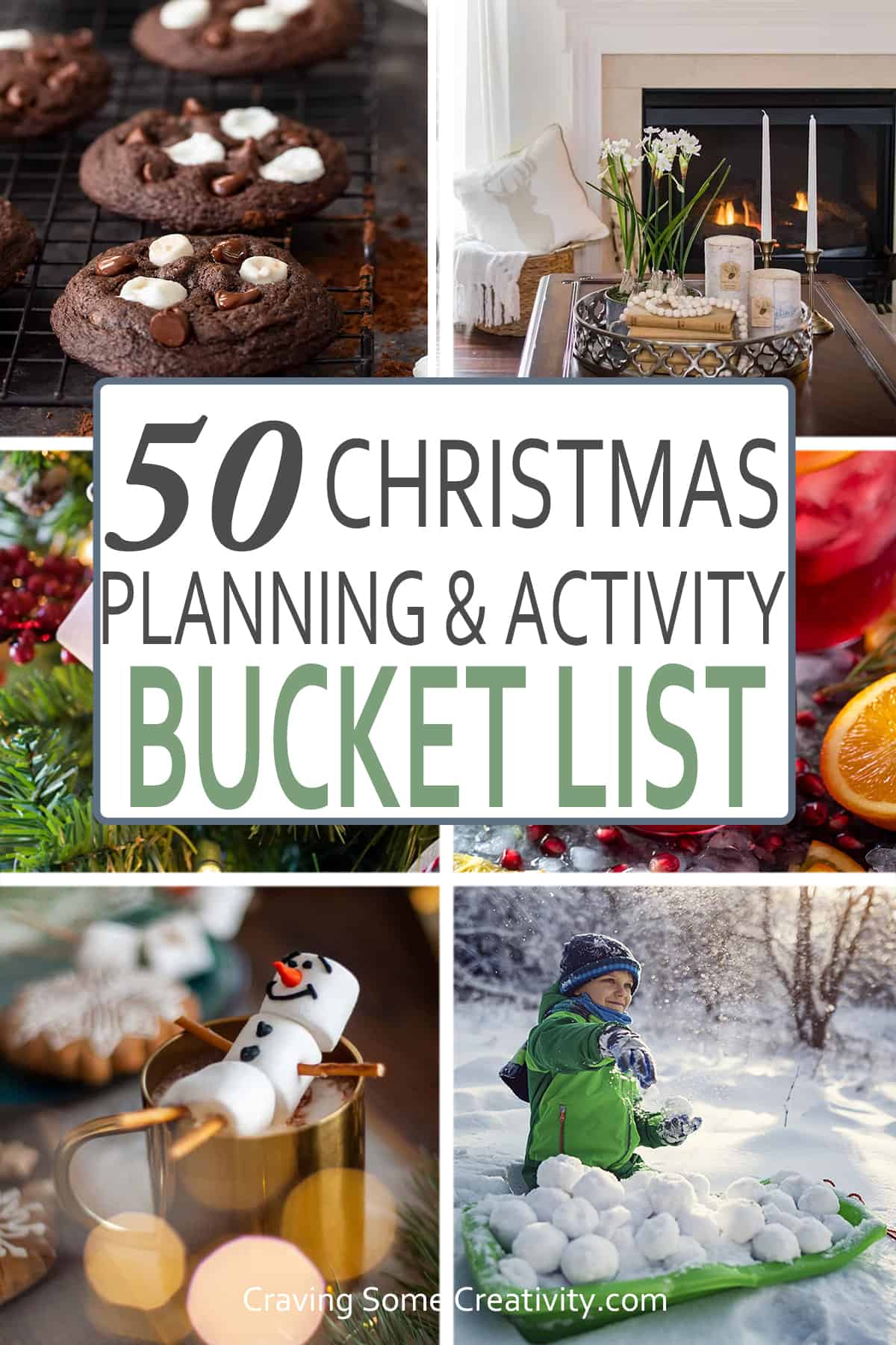 Collage of ideas for creating a christmas activities bucket list for families with title overlay.