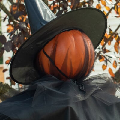 DIY yard witch head with tulle over top.