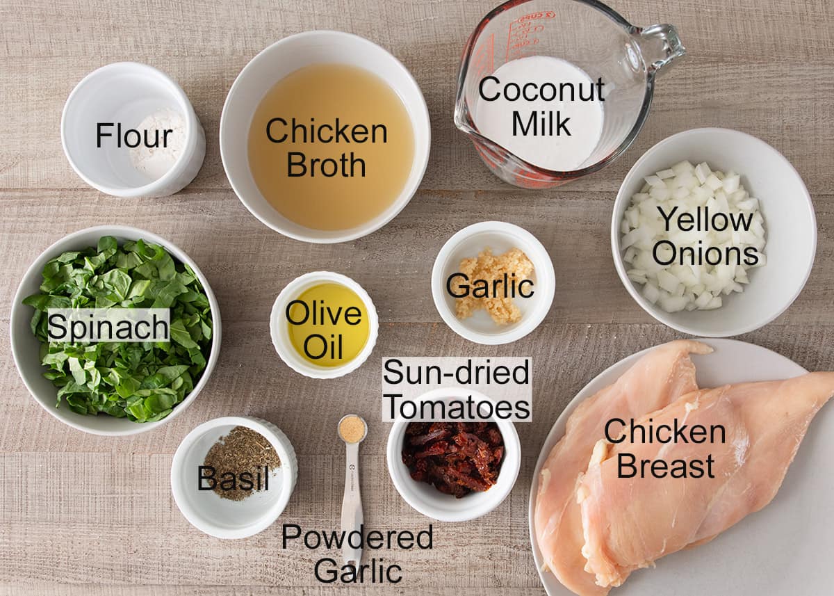 Ingredients to make sauteed chicken with garlic cream sauce with text labels.