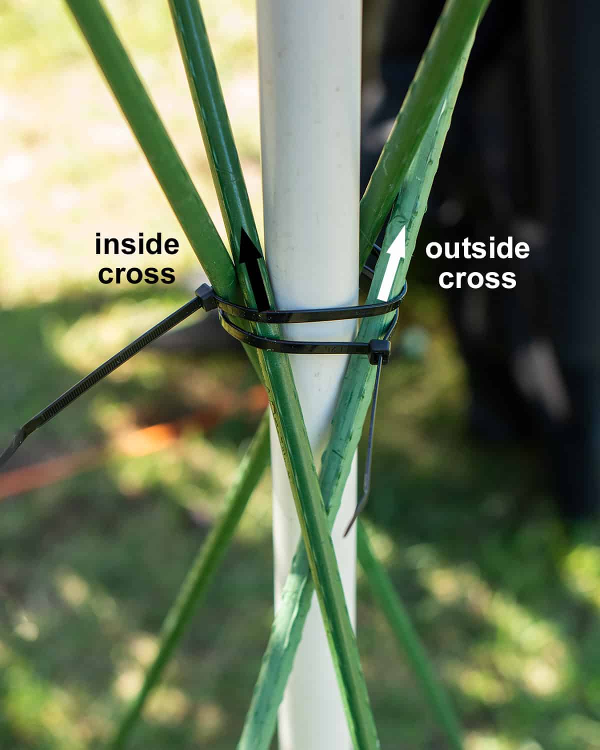 Closeup of garden stakes wrapped around a pvc pole.