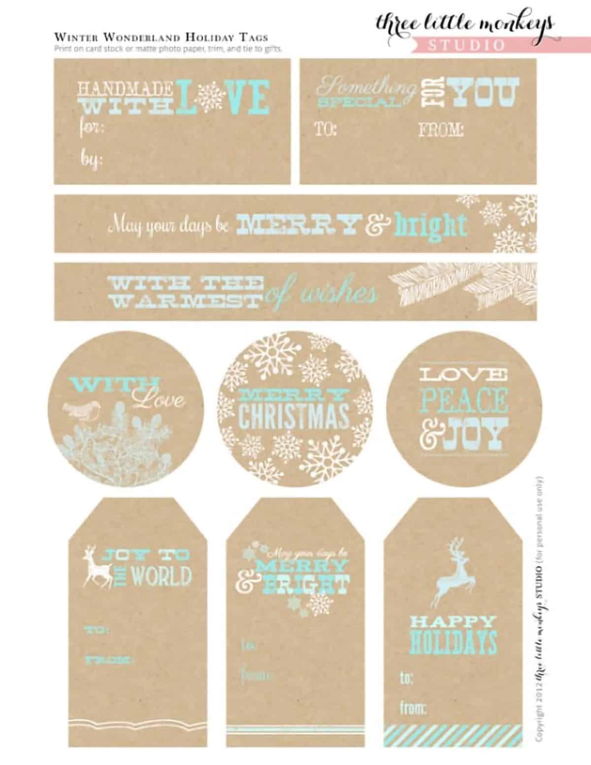 Page of craft paper style gift tags with snowflake winter theme.