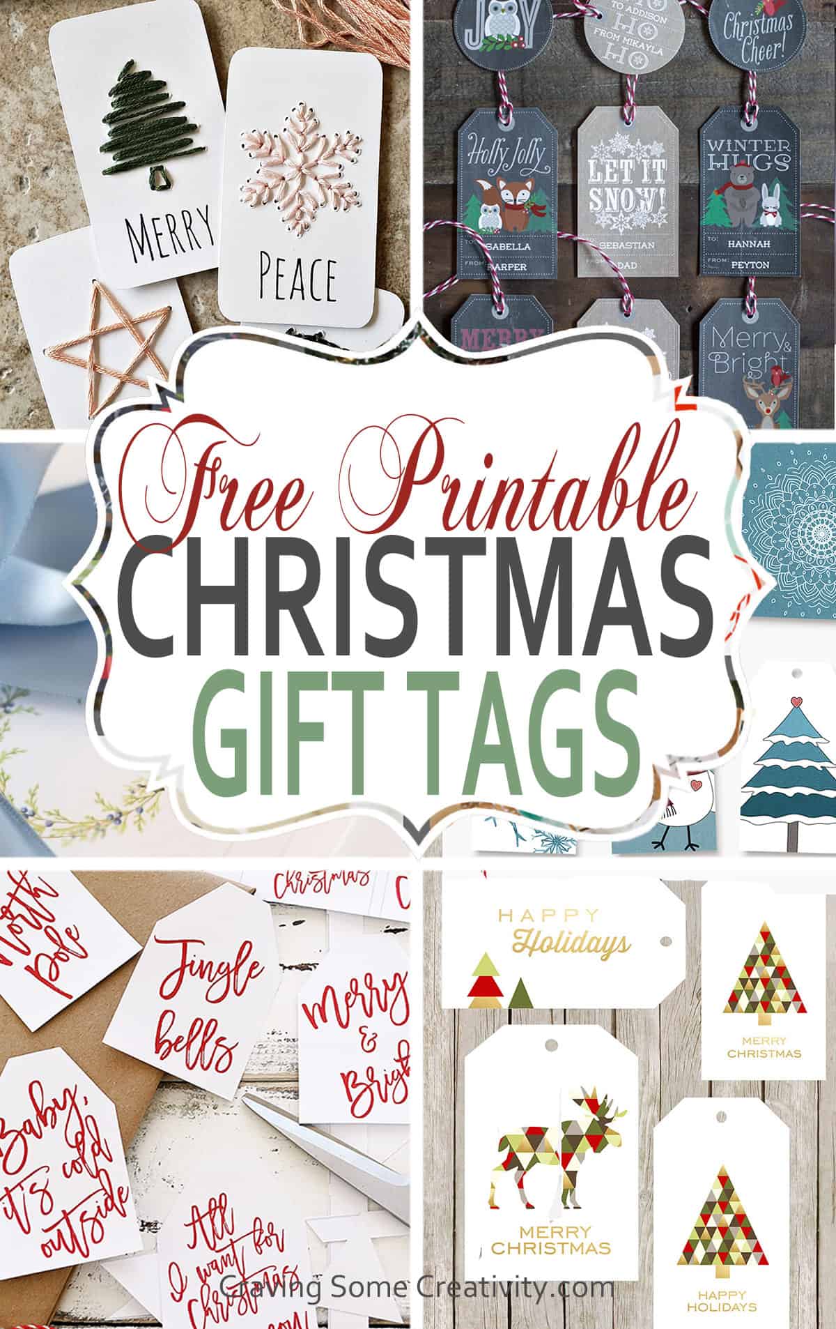 Collage of free printable holiday gift tag ideas with post title. 