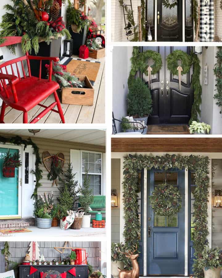Collage of decorations on porches with colorful chairs, benches, and front doors.