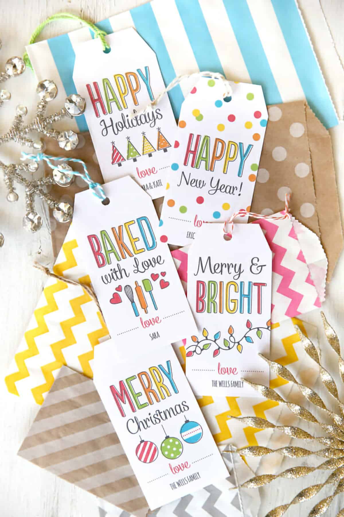 Brightly colored rainbow Christmas Tags for gifts and parties.