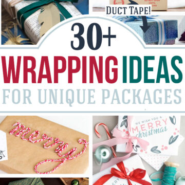 Collage of unique holiday and Christmas gift wrapping idea collage with ornaments and wrapping supplies.