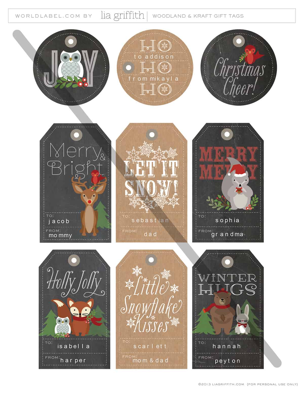 Set of rustic woodland animal themed Christmas present tags.