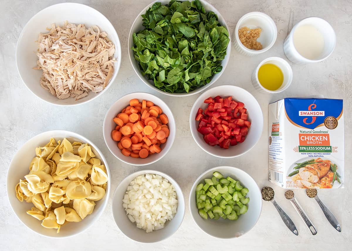 Overhead of ingredients to make cheese tortellini soup with chicken.