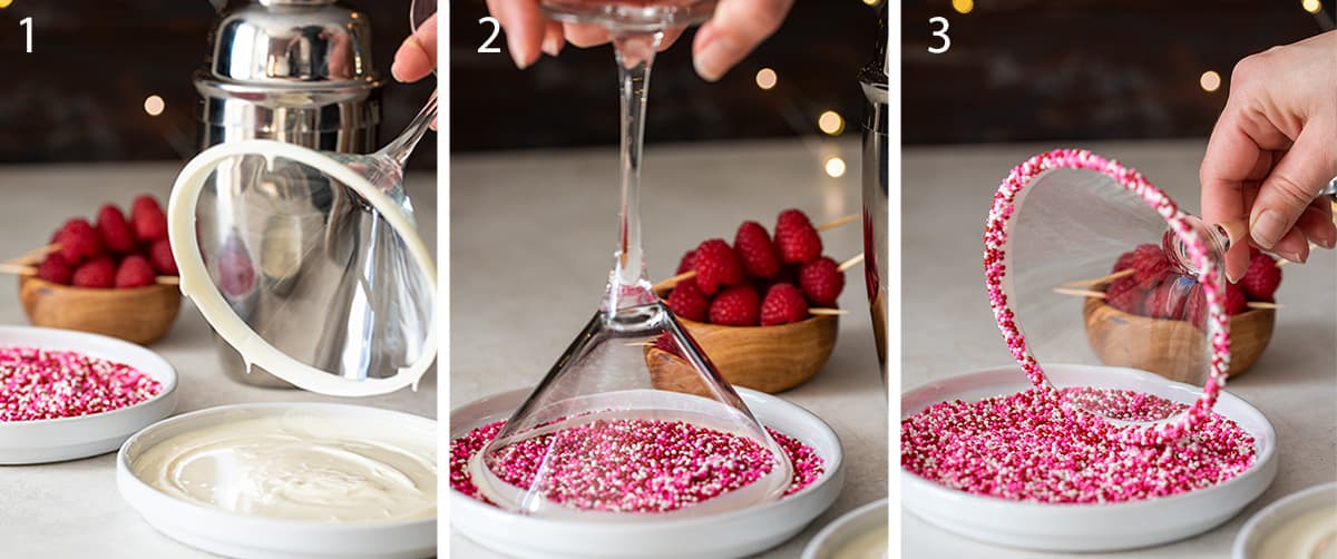 The steps to how to rim a cocktail or martini glass with sprinkles and white chocolate.
