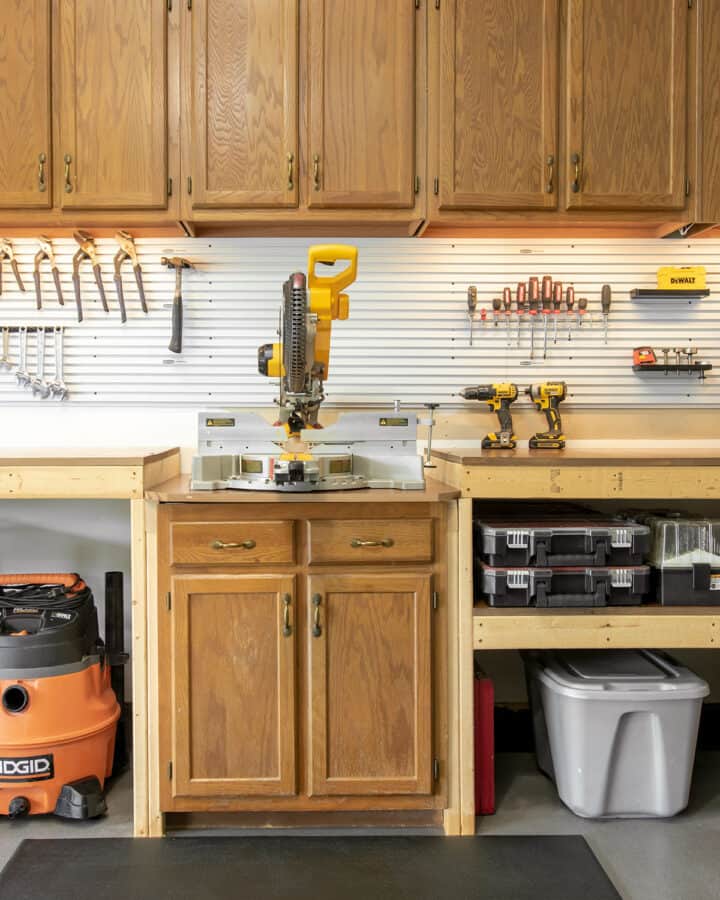 Organized Garage workbench with cabinets and tools in cases.