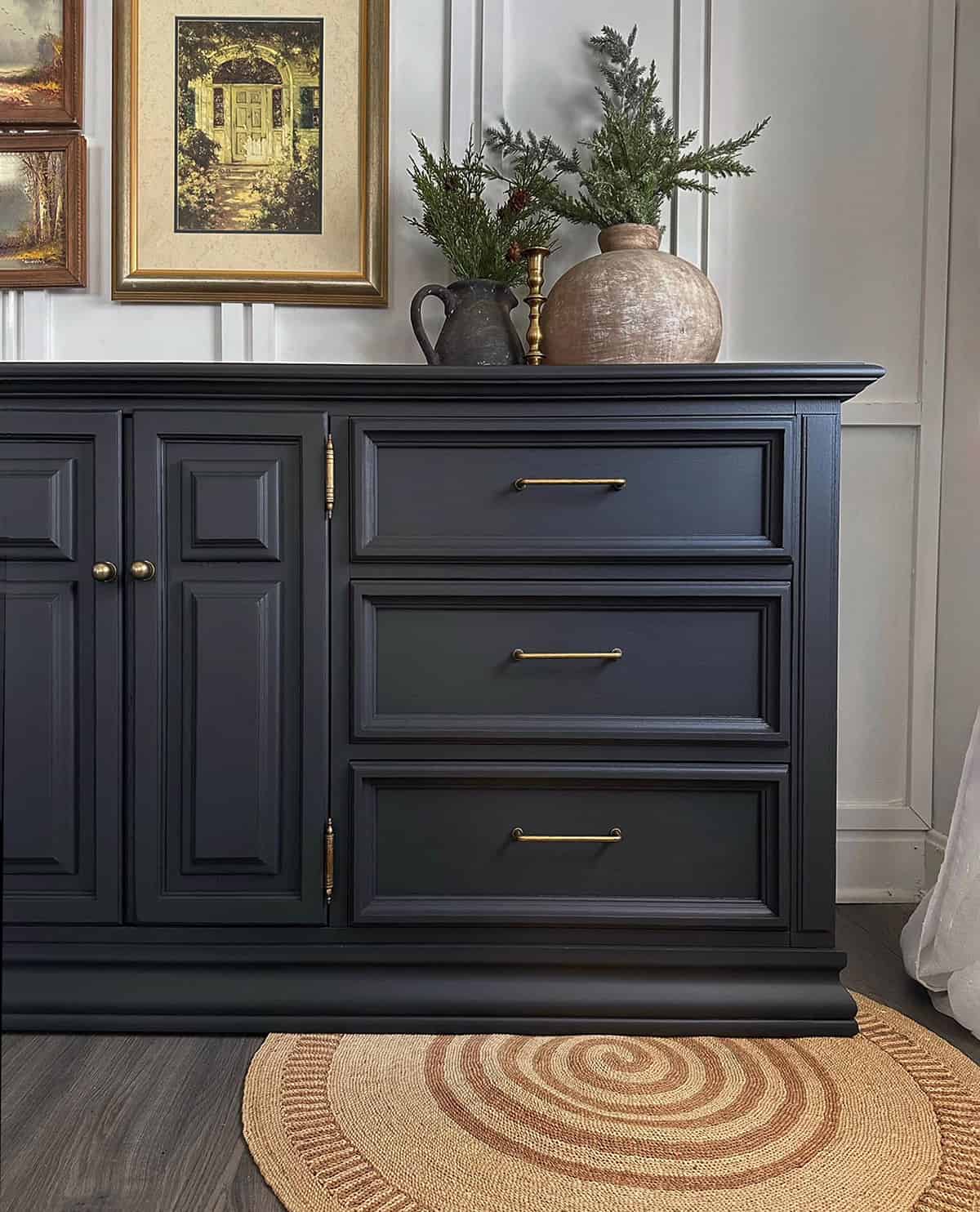 Dark Gray painted dresser with modern brass knobs.