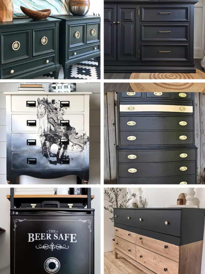 Collage of black painted furniture pieces including dressers, nightstands, and sideboards.