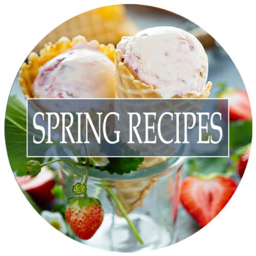 Strawberry ice cream cones with title spring recipes overlay.