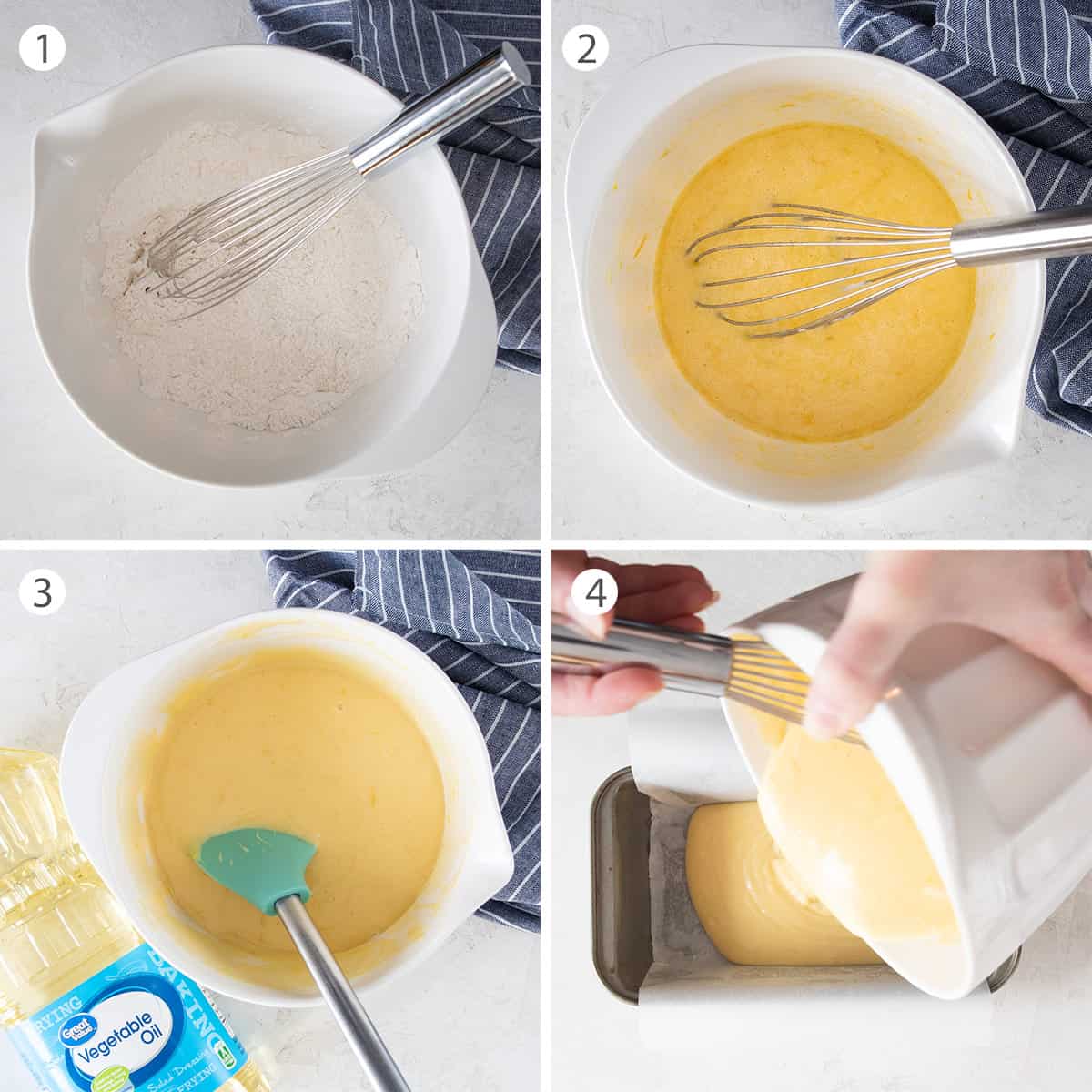 Collage of steps to make lemon cake including dry ingredients, mixing the wet and folding in oil, and pouring the cake batter into a pan.