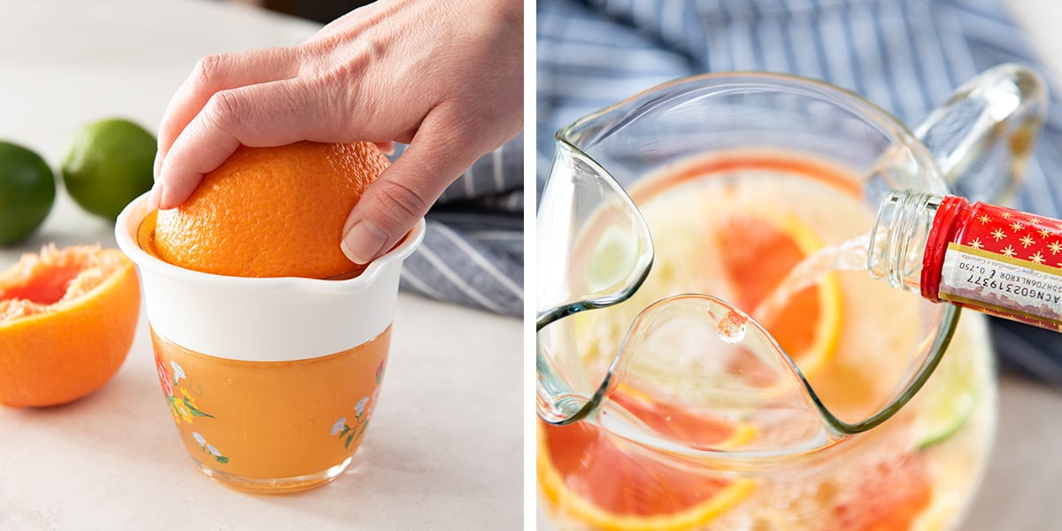 Juicing an orange and pouring wine into a glass.