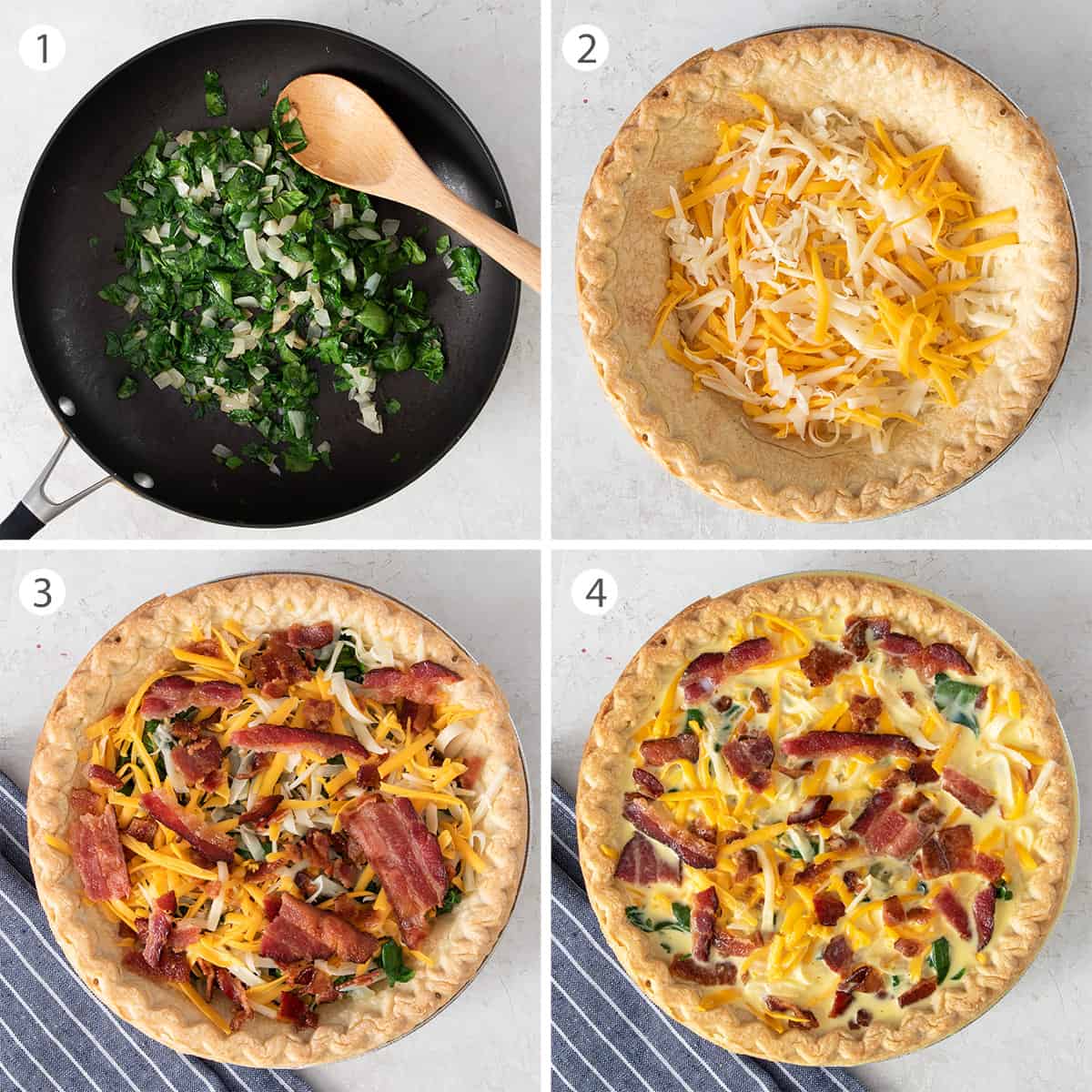 Collage of steps on how to properly layer a spinach quiche recipe with bacon and cheeses.