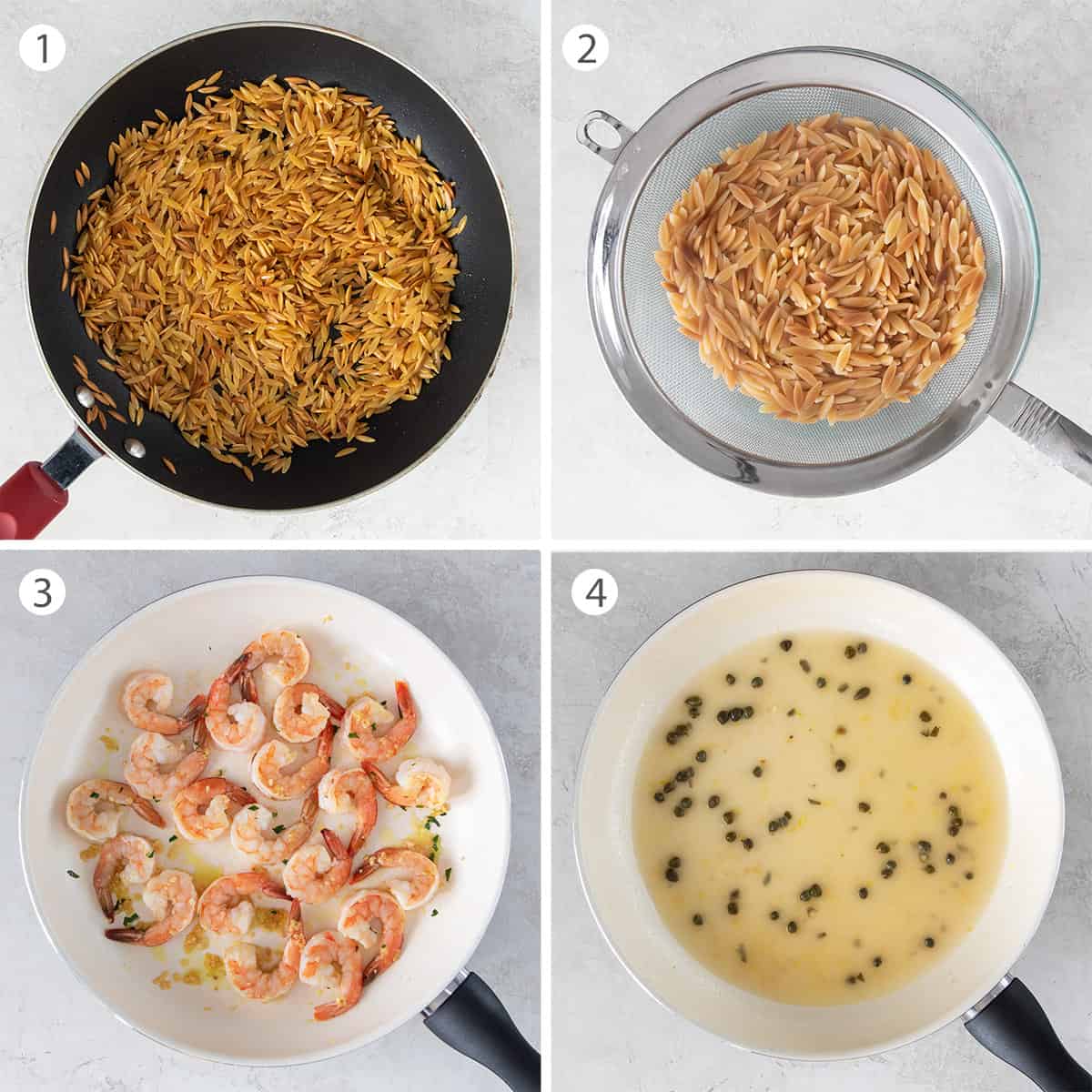 Collage of steps including toasted and cooked pasta, sauteed shrimp and lemon sauce.