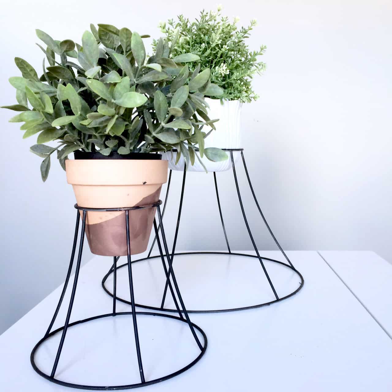 Upcycled black lampshade as plant holders.